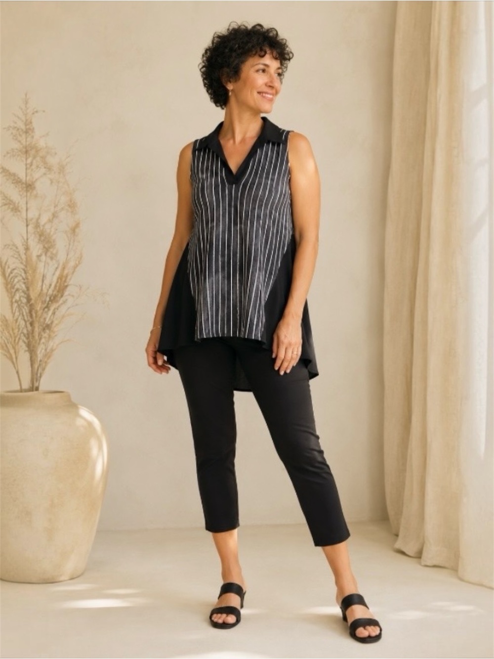 Sympli Size 16 Painterly Stripe Tunic Top Black White Sleeveless Hi-Low A-Line